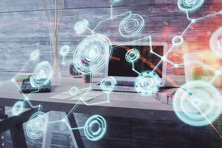 Double exposure of social network theme drawing and office interior background. Concept of web.