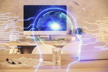 Multi exposure of brain drawing and office interior background. Concept of data technology.