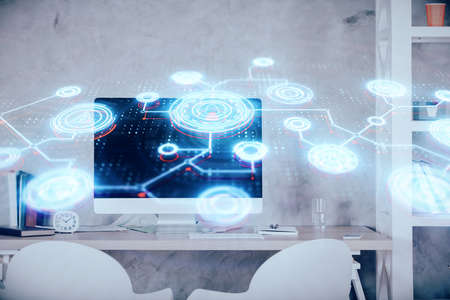 Double exposure of social network theme drawing and office interior background. Concept of web.