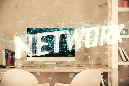 Multi exposure of data theme drawing and office interior background. Concept of technology.