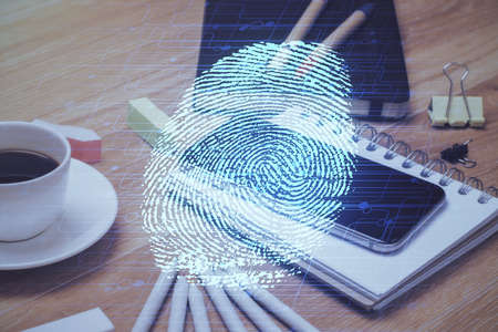 Double exposure of fingeprint drawing and cell phone background. Concept of mobile securityの写真素材