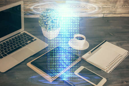 Double exposure of data theme drawing and mobile phone background. Concept of innovation