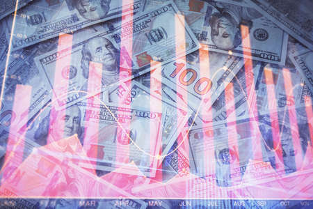 Double exposure of forex graph drawing over us dollars bill background. Concept of financial markets.の写真素材