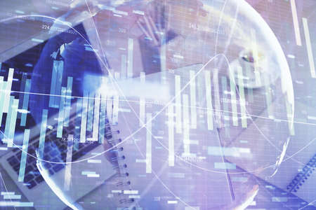 Multi exposure of woman hands typing on computer and business theme hologram drawing. Success concept.の写真素材