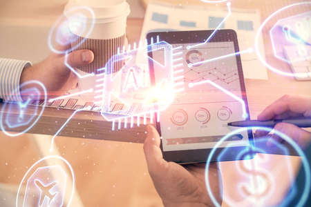 Multi exposure of mans hands holding and using a digital device and data theme drawing. Innovation...