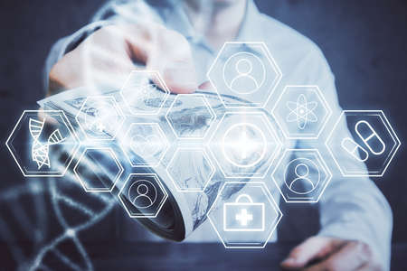 Multi exposure of dna drawing hologram and USA dollars bills and man hands. Medical education concept.の写真素材