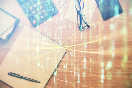 Double exposure of technology theme drawing over work table desktop. Top view. Global data analysis concept.の写真素材