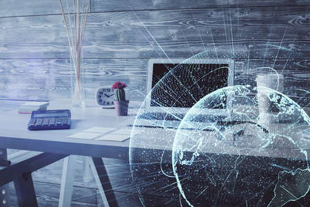 Double exposure of social network theme drawing and office interior background. Concept of web.の写真素材