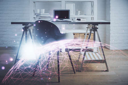 Double exposure of social network theme drawing and office interior background. Concept of web.の写真素材