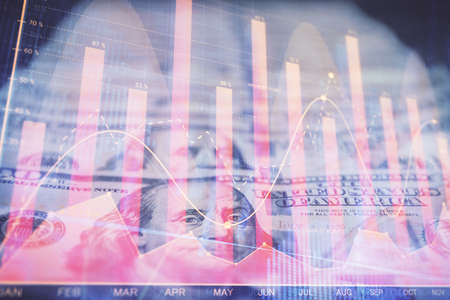 Double exposure of forex graph drawing over us dollars bill background. Concept of financial markets.の写真素材