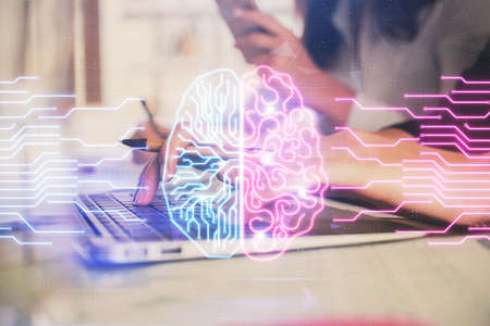 Multi exposure of woman hands working on computer and brain hologram drawing. Ai concept.