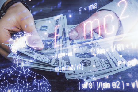 Multi exposure of Formulas drawing hologram and USA dollars bills and man hands. Education