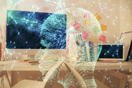 Double exposure of brain drawing and office interior background. Concept of data technology.