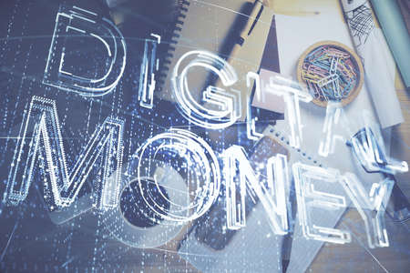 Multi exposure of crypto theme drawing and work table top veiw. Concept of blockchain technology in business.の写真素材