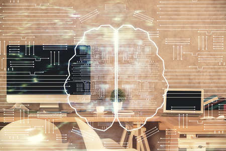 Multi exposure of brain drawing and office interior background. Concept of data technology.