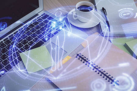 Double exposure of education theme drawing and desktop with coffee and items on table background....