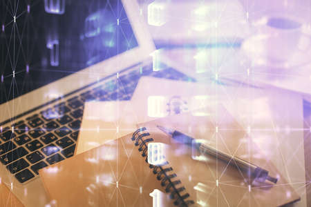 Double exposure of technology theme drawing and desktop with coffee and items on table background....