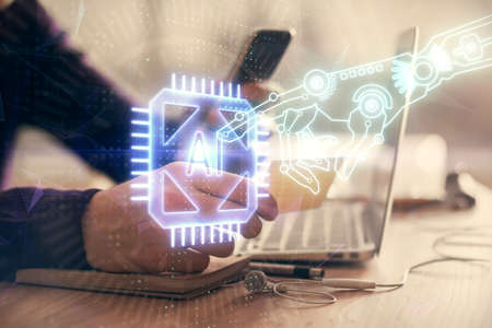 Multi exposure of mans hands holding and using a digital device and data theme drawing. Innovation...