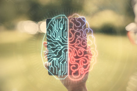 Double exposure of brain sketch hologram and woman holding and using a mobile device.