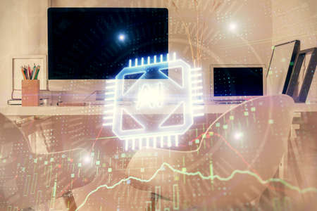 Double exposure of data theme drawing and office interior background. Concept of technology.
