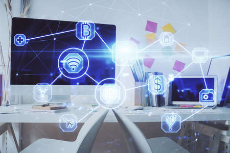 Double exposure of social network theme drawing and office interior background. Concept of web.