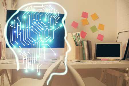 Double exposure of brain drawing and office interior background. Concept of data technology.