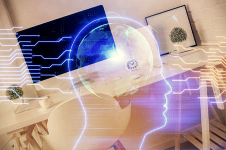 Multi exposure of brain drawing and office interior background. Concept of data technology.の写真素材