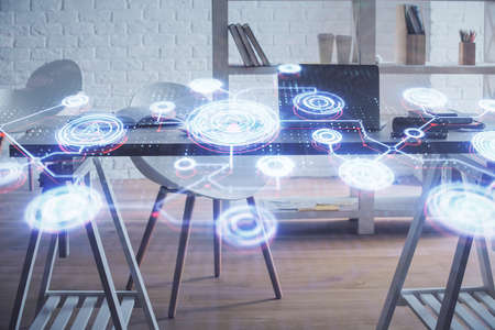 Double exposure of social network theme drawing and office interior background. Concept of web.の写真素材