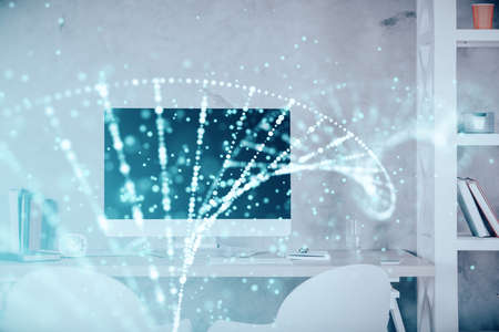Double exposure of dna drawing and office interior background. Concept of science.の写真素材