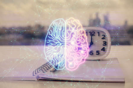 Multi exposure of brain drawings and desk with open notebook background. Concept of AIの写真素材
