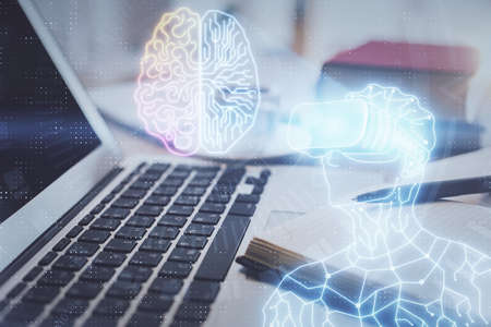 Double exposure of vr glasses drawing and desktop with coffee and items on table background. Concept...