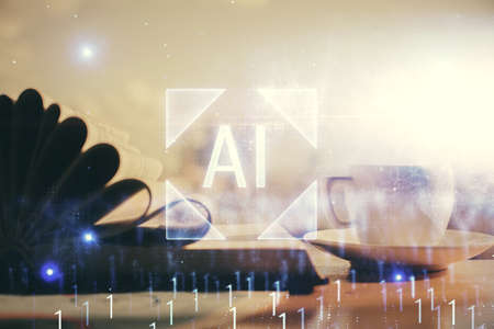 Double exposure of technology theme drawing and desktop with coffee and items on table background. Concept of data research.の写真素材