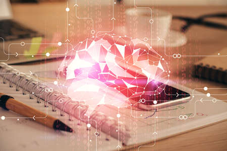 Double exposure of brain theme drawing and cell phone background. Concept of informationの写真素材