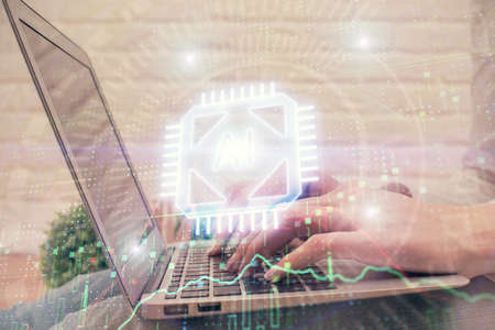 Double exposure of woman hands working on computer and data theme hologram drawing. Tech concept.