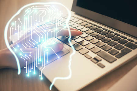 Multi exposure of woman hands working on computer and brain hologram drawing. Ai concept.の写真素材