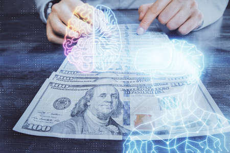 Multi exposure of vr glasses drawing hologram and USA dollars bills and man hands.の写真素材