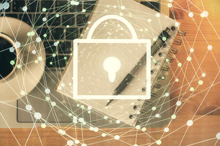 Double exposure of lock sketch and table top veiw. Concept of data security.