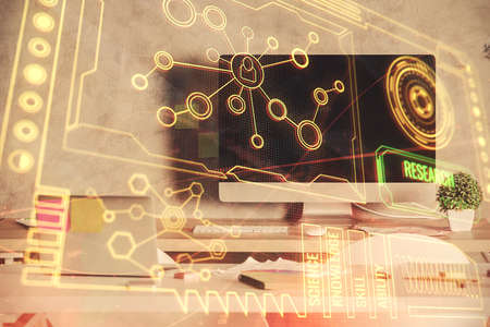 Multi exposure of data theme drawing and office interior background. Concept of technology.