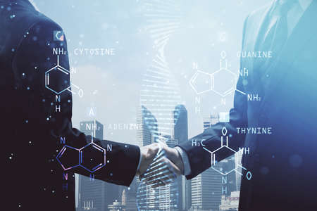 Double exposure of DNA hologram and handshake of two men. Medical Education