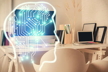Double exposure of brain drawing and office interior background. Concept of data technology.