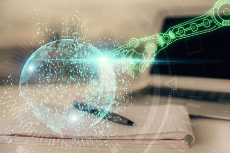 Multi exposure of data theme drawings and desk with open notebook background. Concept of educationの写真素材