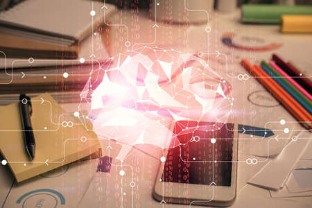 Double exposure of brain theme drawing and cell phone background. Concept of information