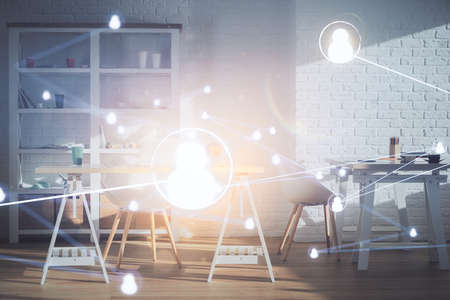 Double exposure of social network theme drawing and office interior background. Concept of web.