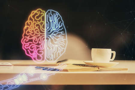 Double exposure of brain drawing and desktop with coffee and items on table background. Concept of research.の写真素材
