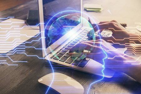 Multi exposure of woman hands working on computer and brain hologram drawing. Ai concept.