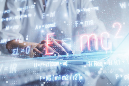 Double exposure of woman hands typing on computer and formula hologram drawing. Education concept.の写真素材