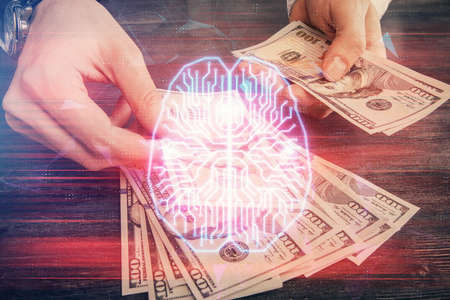 Multi exposure of brain drawing hologram and us dollars bills and man hands. Ai invest conceptの写真素材