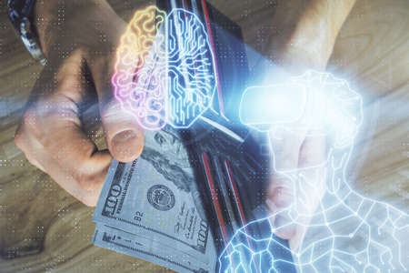 Multi exposure of vr glasses drawing hologram and USA dollars bills and man hands.の写真素材