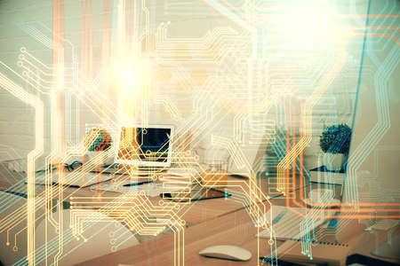 Multi exposure of world map drawing and office interior background. Concept of international network.の写真素材