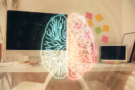 Double exposure of brain drawing and office interior background. Concept of data technology.
